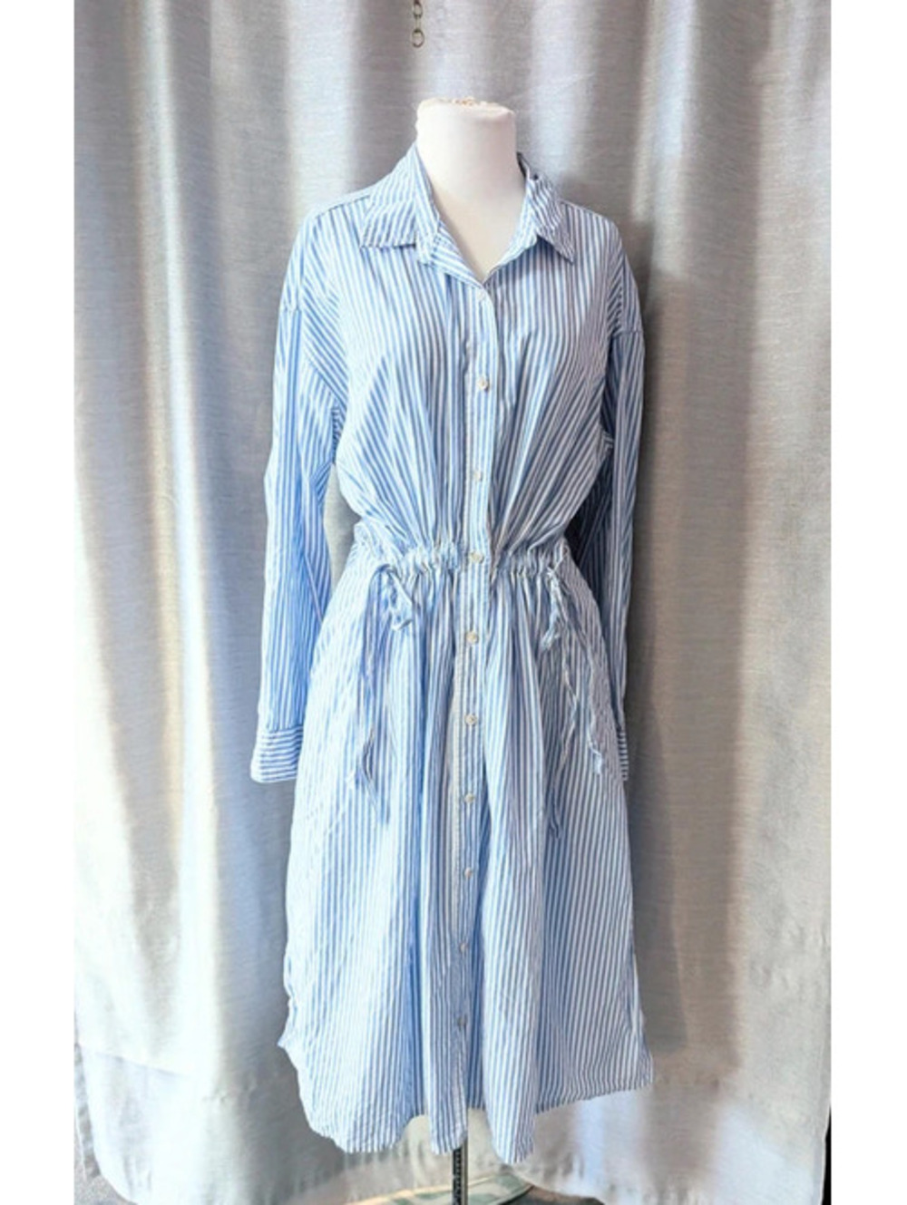 Blue White Striped Shirt Dress XL